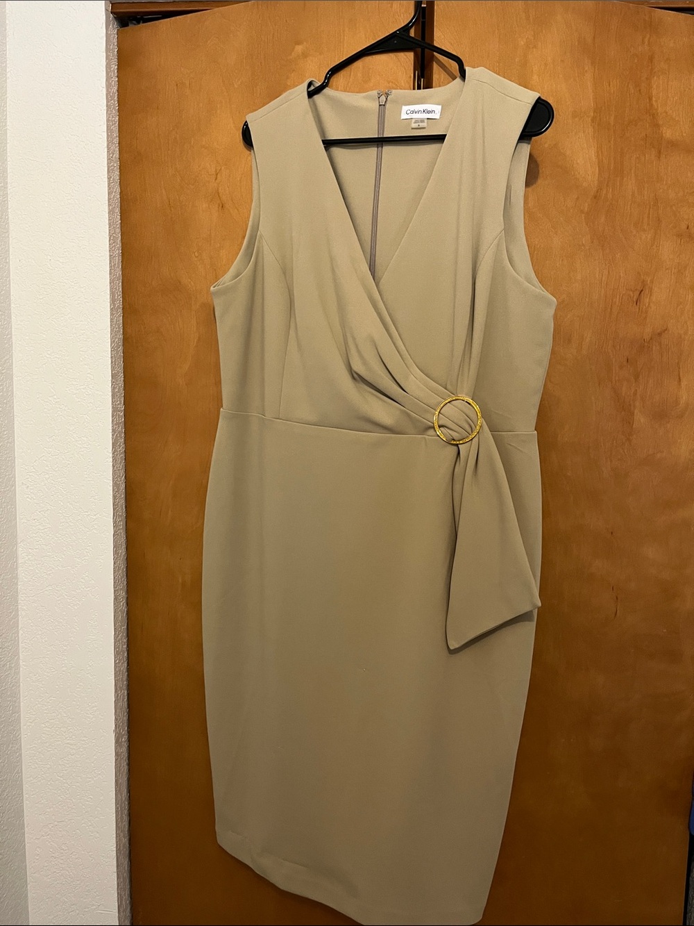 Calvin Klein Tan Faux-Wrap Sheath Dress with Gold Ring Accent